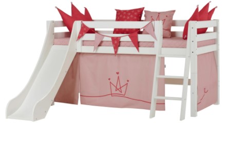 Hoppekids halvhøj børneseng med rutsjebane – Miljøvenlig seng med prinsessetema Hoppekids halvhøj børneseng med rutsjebane – Miljøvenlig seng med prinsessetema